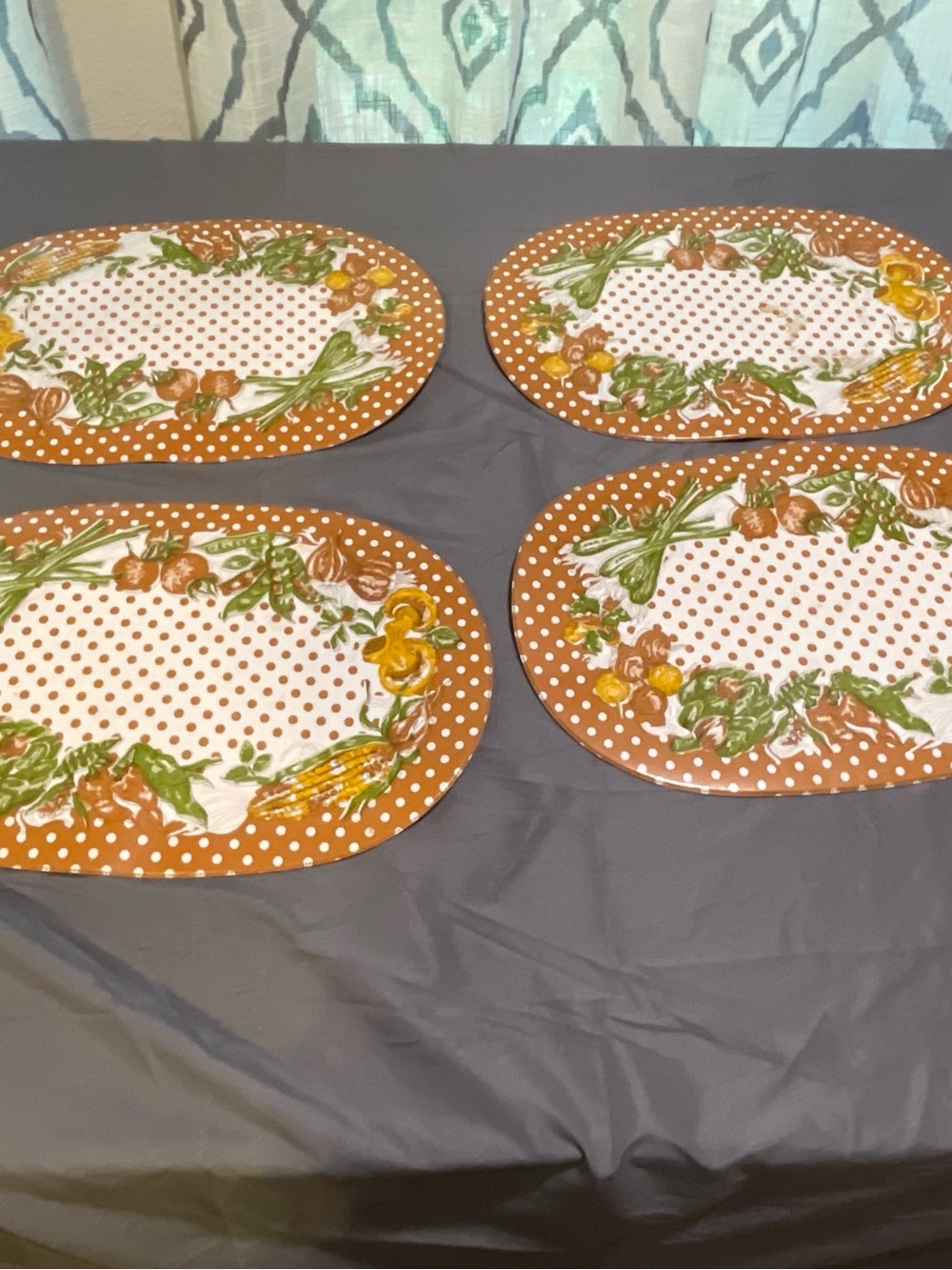 1970s Style Oval Plastic Placemats Brown Polka Dot Vegetable Corn Pattern